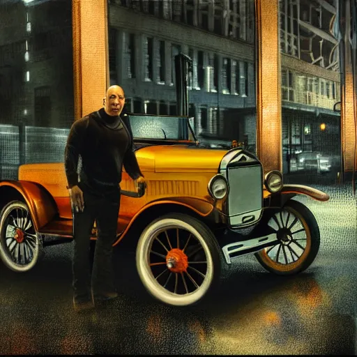 Image similar to very closeup photo of vin diesel as tommy angelo standing near ford model t, chicago 1 9 3 0, night, volumetric lighting, ultra realistic, highly detailed, cinematic, art by jan urschel and neil blevins