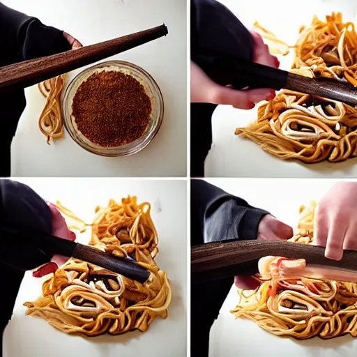 Prompt: making of an edible giraffe from noodles and soy sauce in 1 0 easy steps, from the beautiful'how to make food art step by step collection ', dslr