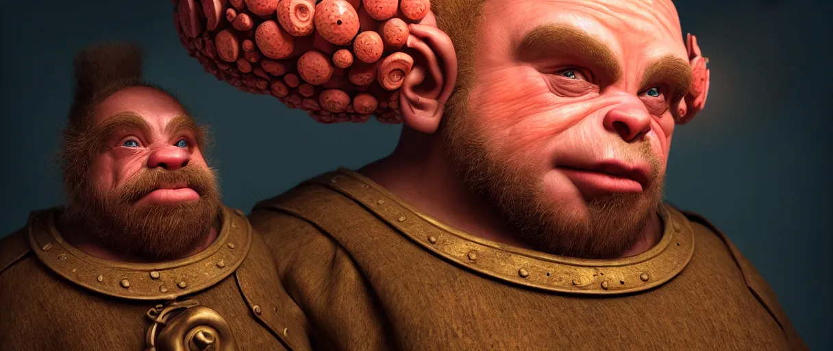 Image similar to hyperrealist highly detailed english medieval portrait of high fashion dwarf dwarfism, lopsided obscure body shape, radiating atomic neon corals, concept art pascal blanche dramatic studio lighting 8k wide angle shallow depth of field