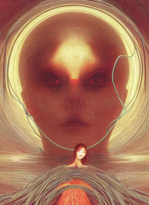 Image similar to Woman masterpiece, red, golden halo behind her head, red wires wrap around, by Edgar Maxence and Ross Tran, Zdzisław Beksiński, and Michael Whelan, distant, gustav dore, H.R. Giger, 8k, octane render