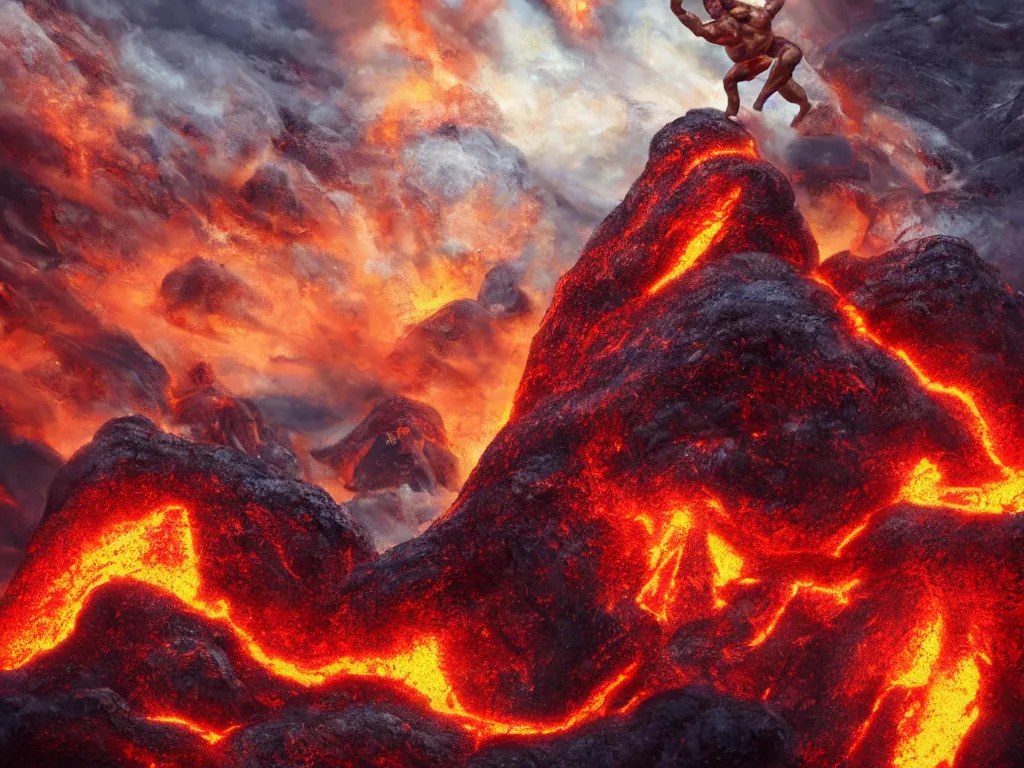 Image similar to muscular arnold schwarzenegger surfing on lava from an erupting volcano, stunning scene, 8 k, extremely detailed digital painting, depth, bright colors, trending on artstation