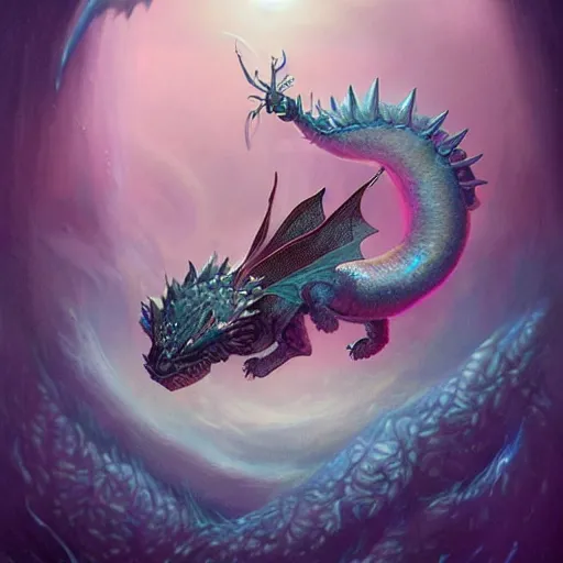 Image similar to a hyperrealistic illustration of a cute and tiny dragon that glows in the dark, dragon baby, glow in the dark, fractal moonlight, little dragon with glowing scales, award - winning, masterpiece, in the style of tom bagshaw, cedric peyravernay, peter mohrbacher