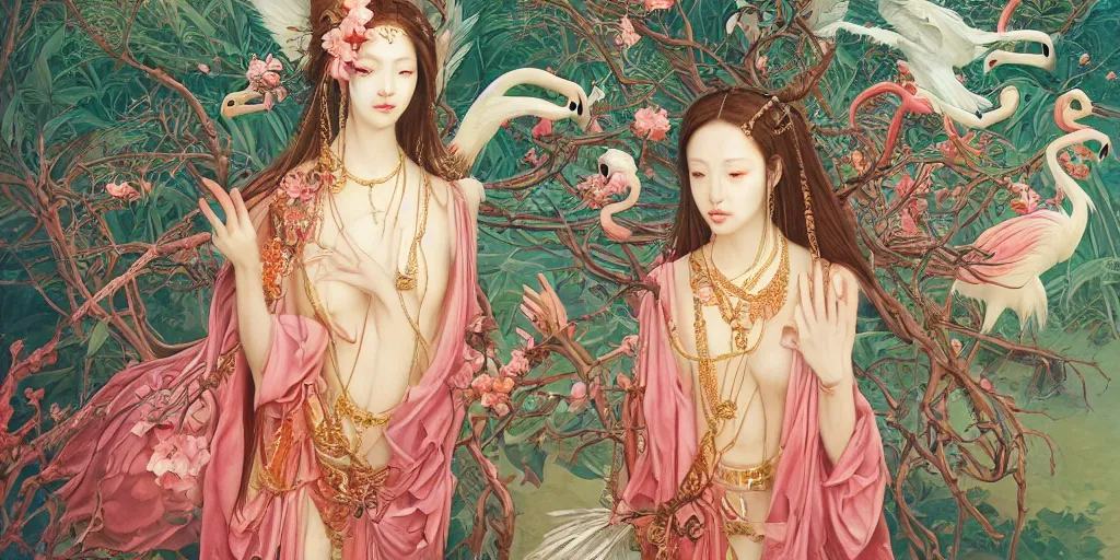 Prompt: breathtaking detailed weird concept art painting of the goddess of flamingo, orthodox saint, with anxious, piercing eyes, ornate background, epic composition, symmetry, amalgamation of leaves and flowers, by Hsiao-Ron Cheng and John James Audubon and Miho Hirano, extremely moody lighting, 8K