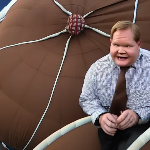 Image similar to Andy Richter wearing a brown suit and necktie riding in the basket of a hot air balloon above nyc