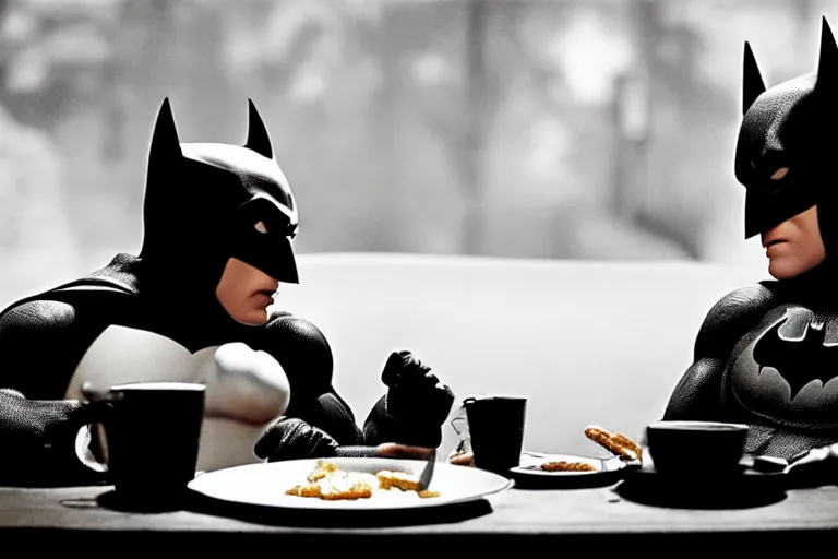 Image similar to portrait of Batman eating breakfast By Emmanuel Lubezki