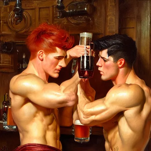 Image similar to attractive muscular male with red hair and muscular attractive male with black hair, drinking their hearts out, in a pub. very defined and highly detailed painting by j. c. leyendecker, gaston bussiere, craig mullins 8 k