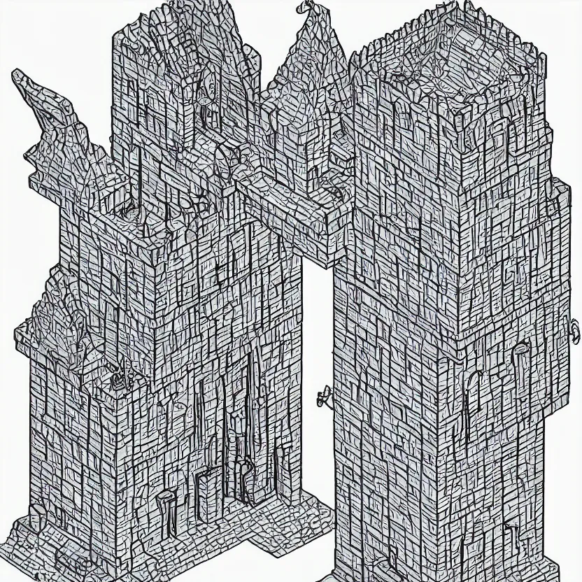 Image similar to isometric view of wizard's tower, lineart, 8 k