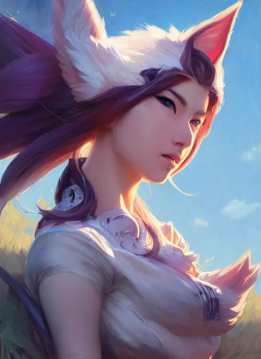 Image similar to portrait of Ahri from League of Legends after work, countryside, calm, fantasy character portrait, dynamic pose, above view, view from above, sunny day, thunder clouds in the sky, artwork by Jeremy Lipkin and Giuseppe Dangelico Pino and Michael Garmash and Rob Rey, very coherent symmetrical artwork, sharp edges, perfect face, simple form, 100mm