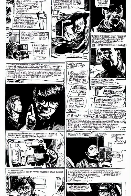 Prompt: bill gates presenting the microsoft xbox at ces 2 0 0 1, a page from cyberpunk 2 0 2 0, style of paolo parente, style of mike jackson, adam smasher, johnny silverhand, 1 9 9 0 s comic book style, white background, ink drawing, black and white