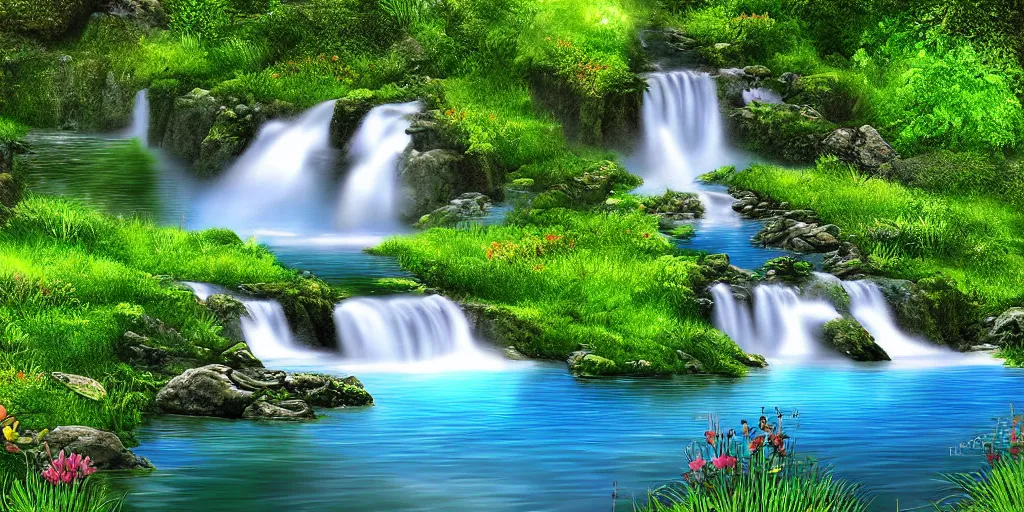 Prompt: a fantasy meadow landscape with waterfall, lake, river, and patches of blue flower, digital art, painterly