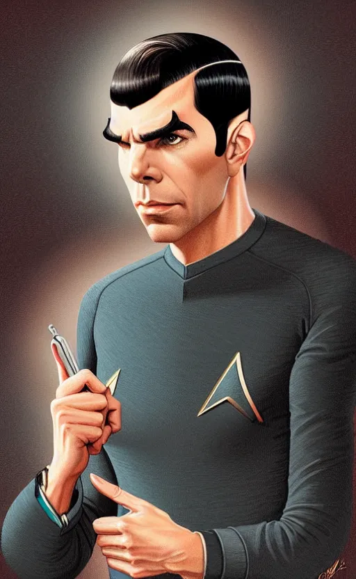 Image similar to : ZACHARY QUINTO SPOCK fanart + digital art + art by J.C. LEYENDECKER + 4K UHD IMAGE + STUNNING QUALITY