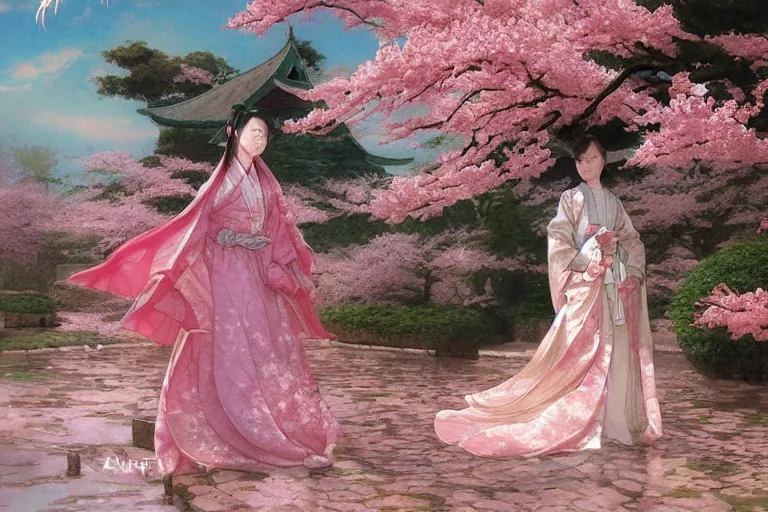 Prompt: a beautiful picture of sakura in full bloom, palace ， a girl in hanfu, by mendoza, larry elmore, donato giancola and thomas kinkade, trending on artstation