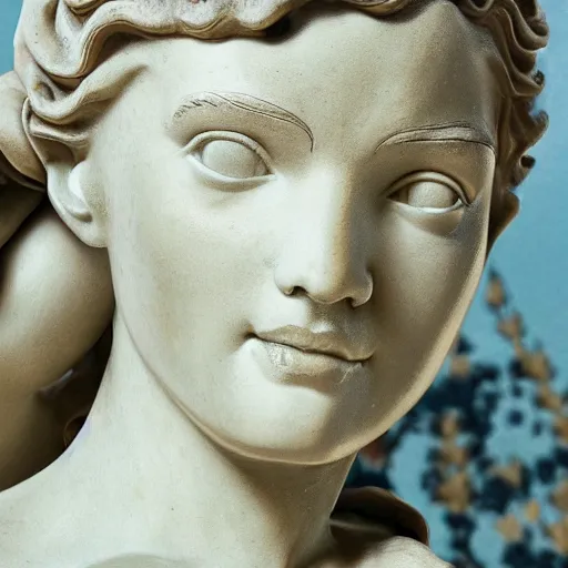 Image similar to marble statue close-up of Rosie the Riveter by Michelangelo, intricate details, soft lighting