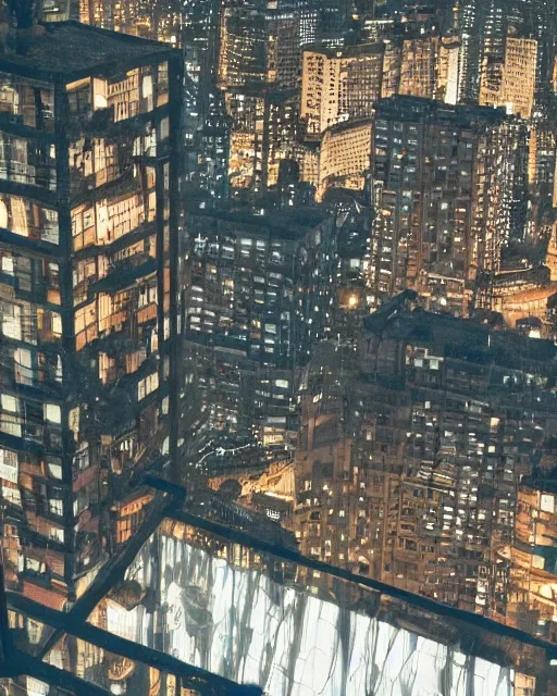 Image similar to a night rooftop scene, light from traffic in the city below, close up shot of a photorealistic gangster wearing a streetwear trench coat looking at the city below, unreal engine, hyper realism, realistic shading, cinematic composition, realistic render, octane render, detailed textures, by Liam Wong and Makoto Shinkai