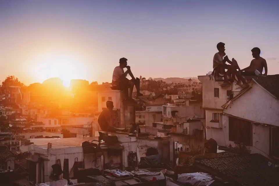 Image similar to two guys are sitting on the roof of a house against the background of the city during sunset