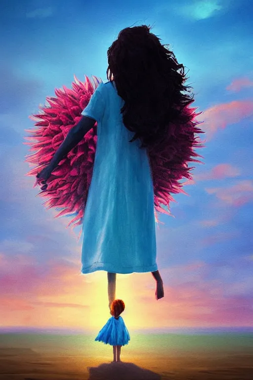 Image similar to closeup huge dahlia flower head, girl standing on beach, surreal photography, blue sky, sunrise, dramatic light, impressionist painting, digital painting, artstation, simon stalenhag