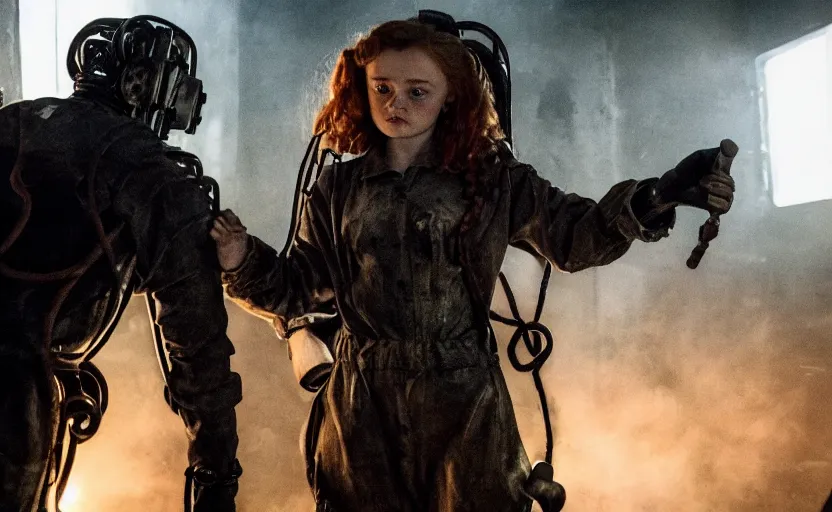 Prompt: machine monster grabs sadie sink dressed as a miner : a scifi cyberpunk film from 1 9 8 0 s. by james cameron. 3 5 mm low grain film stock. sharp focus, moody cinematic atmosphere, detailed and intricate environment, perfect hand anatomy, realistic eyes