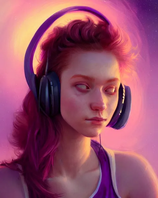 Prompt: cute female gamer, perfect face, pink headphones, purple halter top, ginger hair, abs, cinematic, stunning, athletic, strong, agile, highly detailed, psychedelic, digital painting, artstation, smooth, hard focus, illustration, art by jessica rossier and and brian froud
