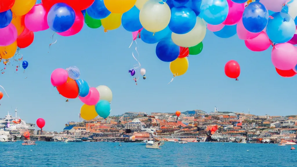 Image similar to photo of a lot of birthday balloons floating above a beautiful maritime port. sharp focus, highly - detailed, award - winning