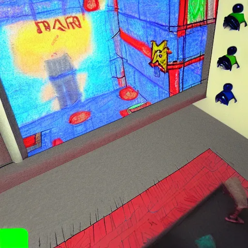 Image similar to children's crayon drawing of quake iii area deathmatch, fps, video game screenshot