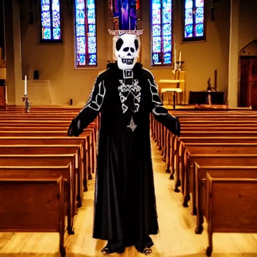 Prompt: papa emeritus sings in a church