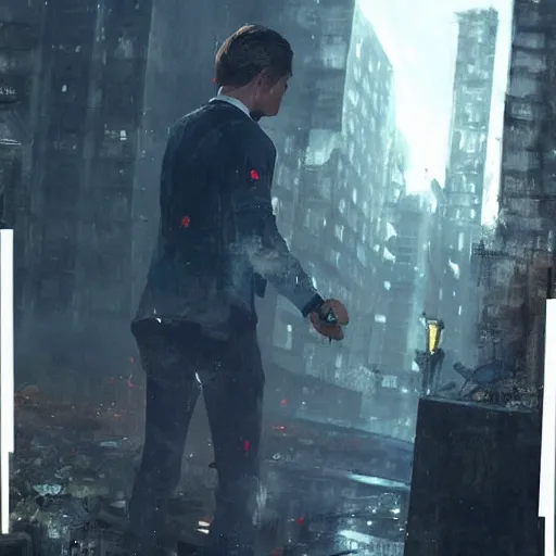 Image similar to connor from detroit become human being killed by greg rutkowski