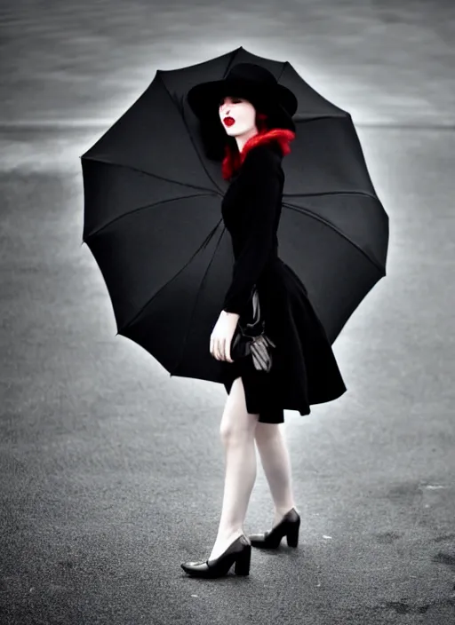 Image similar to a beautiful white pale skin girl, full body, black dress, vibrent red lipstick, a black hat, black umbrella black and white