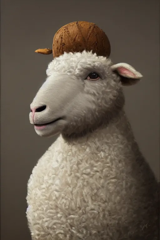 Image similar to anthropomorphic ryan as a sheep, oil on canvas, intricate, portrait, 8 k highly professionally detailed, hdr, cgsociety