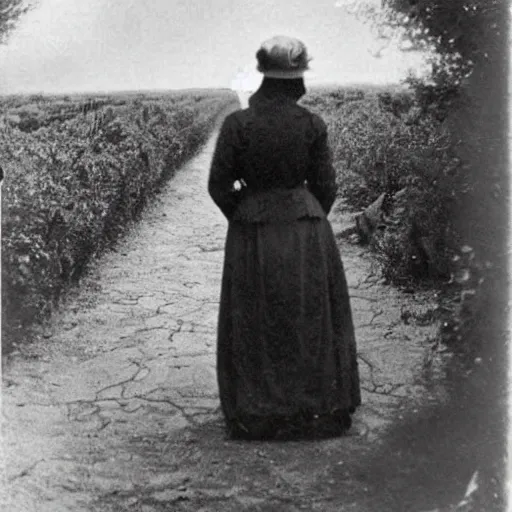 Image similar to a creepy woman in the distance, in a liminal space, early 1 9 0 0 s photo