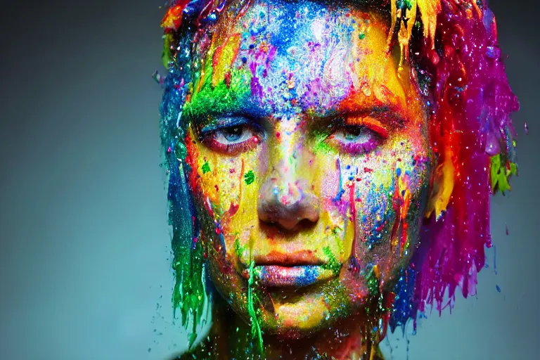 Image similar to a highly detailed cinematic headshot portrait photograph of a woman with a liquid paint headdress, with rainbow paint splash, melting smoothly into other faces, liquid, ultra realistic, beautiful rim lighting, by richard avedon and annie leibovitz and arnold newman, photorealistic, hyperrealistic, octane, high speed camera, zeiss lens, sharp focus, paint splash