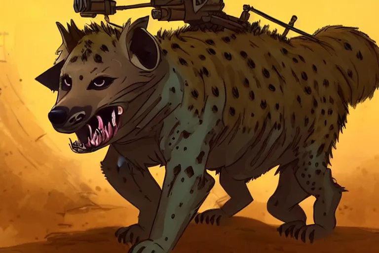 Image similar to a good ol'hyena fursona ( from the furry fandom ), heavily armed and armored facing down armageddon in a dark and gritty version from the makers of mad max : fury road. witness me.