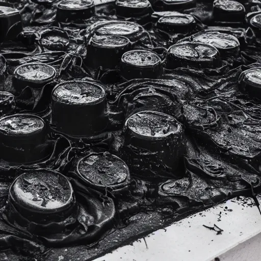 Image similar to mysterious black slime, black gooey liquid covering city buildings, buildings covered in black liquid rubber, apocalyptic, ruined, 8 5 mm f / 1. 4