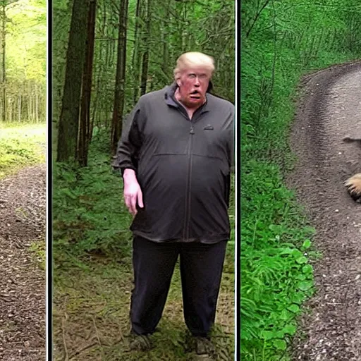 Prompt: creepy trail cam footage of an obese Donald trump