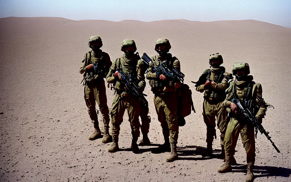 Image similar to in a dusty red desert, a team of five swat future soldiers in dark green tactical gear like death stranding and halo hike. They 're afraid. mid day, heat shimmering, color, 35mm film photography, lawrence of arabia