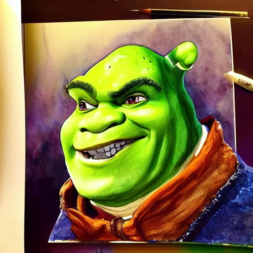 Prompt: water color art on paper, shrek portrait, highly detailed, artstation, masterpiece