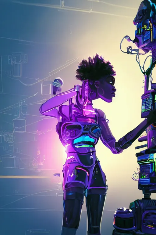 Image similar to a black girl fixing a robot, in the nature, mixing solarpunk, afropunk and cyberpunk technology and aesthetic ( ( ( ( volumetric light ) ) ) ), high angle, part by pearl fryar, part by prince damah, sunny day, trending on artstation, high detailed, cinematic view, illustration, painting.