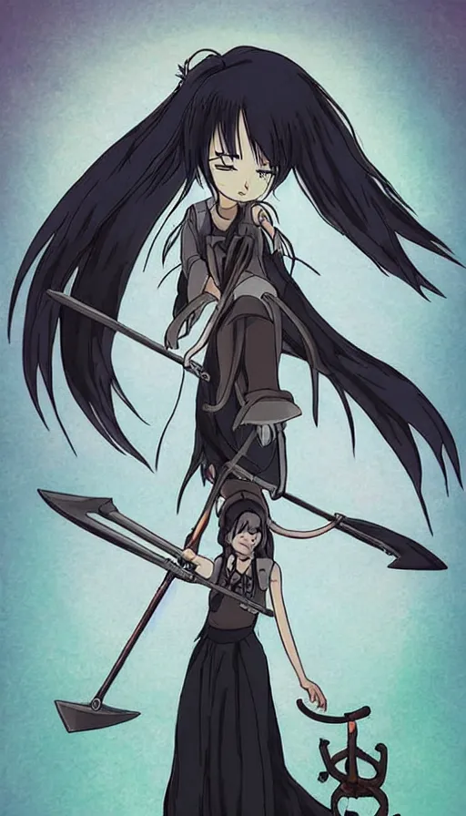 Image similar to the being death as a cute anime girl with a giant scythe from a studio ghibli film inspired by the death tarot card, dark vibes