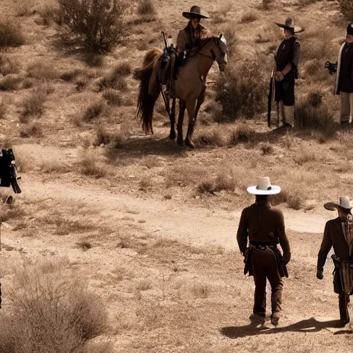 Image similar to screenshot of the lone ranger walking ont a tv film set with a film crew, behind the scenes, 2 4 mm lens, directed by wince mcstevens, tense scene, moody dramatic light