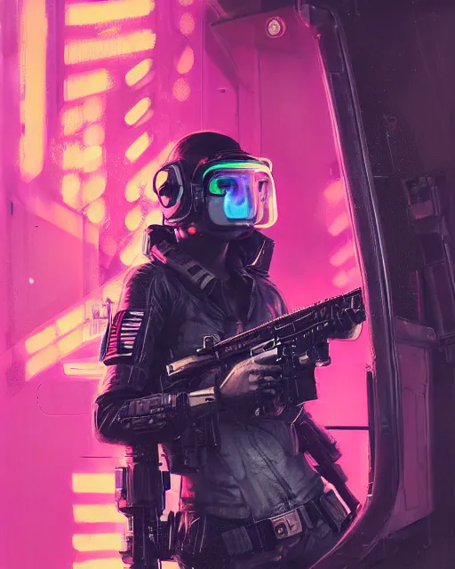 Image similar to detailed neon female swat officer sitting in a fighter jet, cyberpunk futuristic, neon, reflective puffy coat, decorated with traditional japanese by ismail inceoglu dragan bibin hans thoma greg rutkowski alexandros pyromallis nekro rene margitte, wide angle, illustrated, perfect face, fine details, realistic shaded, fine - face, pretty face