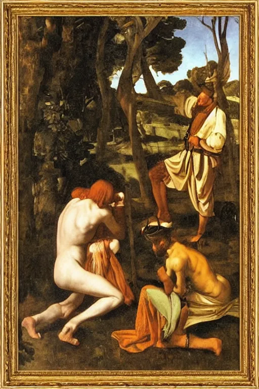 Image similar to artemisia gentileschi oil painting cloaked men trading animals in the woods