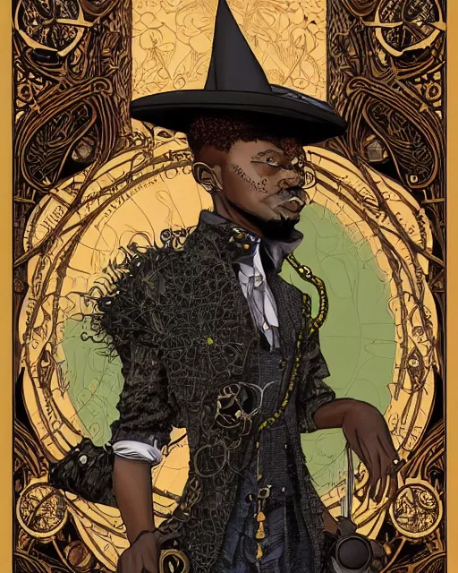 Image similar to a detailed portrait illustration of a steampunk wizard - sage. beautiful black male face, thin, hollow eyes. blonde afro hairstyle. art nouveau, pop art, comic book style. influenced by neil gaiman, h. p. lovecraft, dan mumford, brian froud, vadim voitekhovitch, osborne macharia, ross tran.