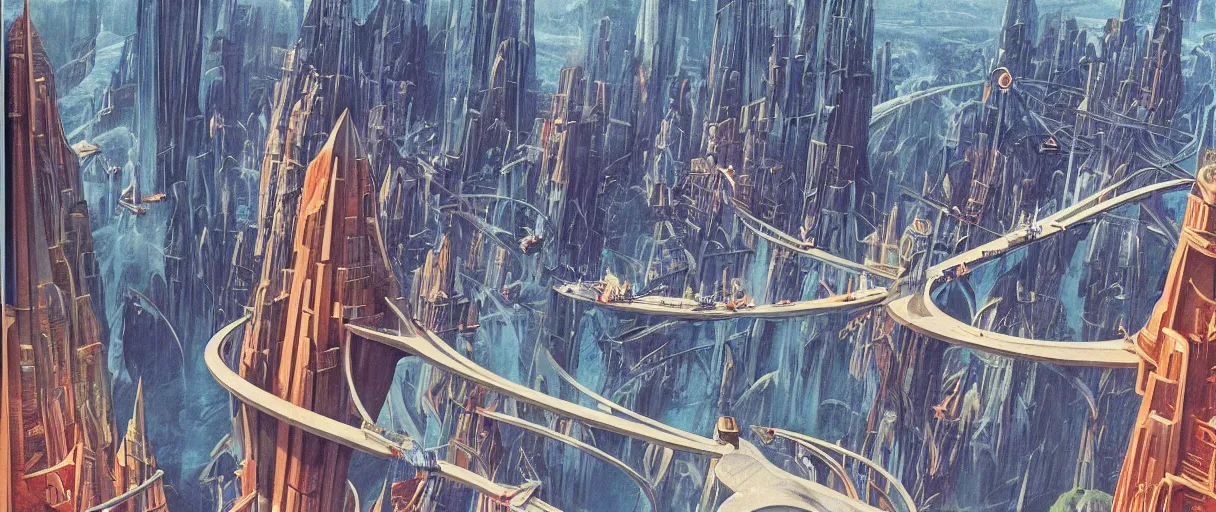 Image similar to A beautiful illustration of a futuristic city of bridges built on a world of waterfalls by Robert McCall and Ralph McQuarrie | Graphic Novel, Visual Novel, Colored Pencil, Comic Book:.6 | unreal engine:.3 | | viewed from above | establishing shot:.7