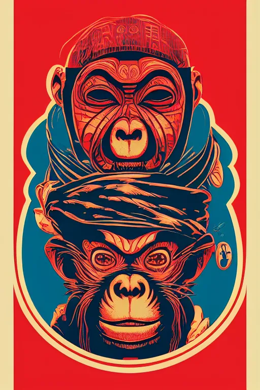 Image similar to monkey face tattoo propaganda screen printing poster, art style wwii posters, jean giraud moebius comic art, sachin teng, shepard fairey, obey, street art, iconic, masterpiece, organic painting, hard edges, ornate and hyper detailed