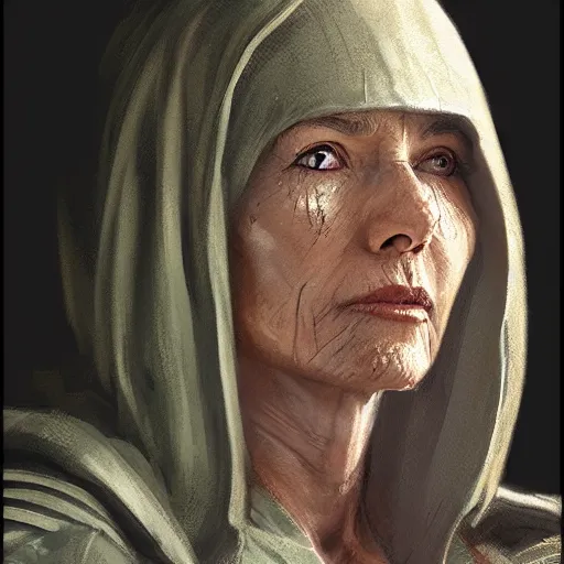 Image similar to portrait of a jedi master woman by greg rutkowski, vestara khai, smirk, wearing jedi robes, star wars expanded universe, she is about 6 0 years old, wearing jedi robes, highly detailed portrait, digital painting, artstation, concept art, smooth, sharp foccus ilustration, artstation hq