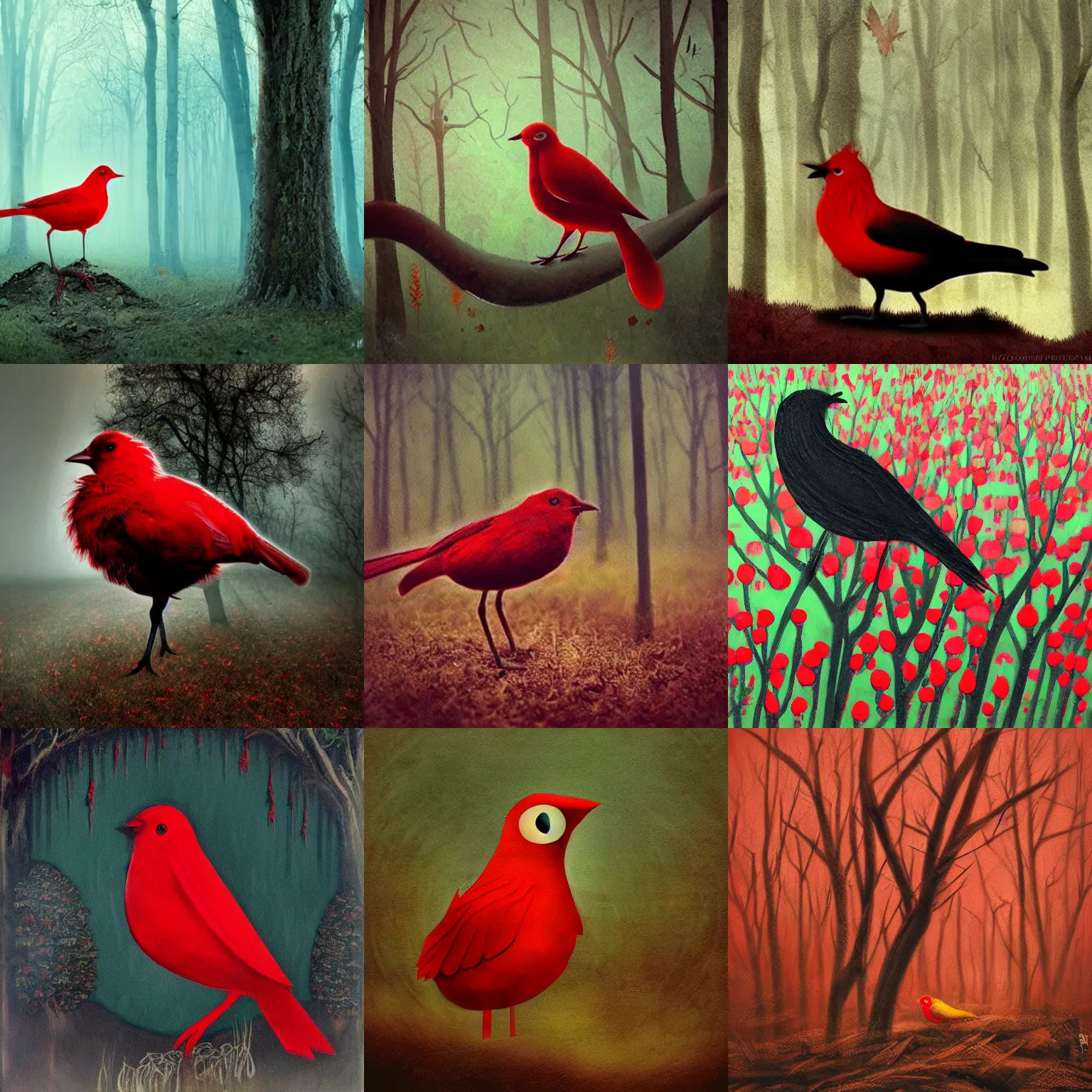 Prompt: red omsk bird in dark mushroom forest eerie foggy art