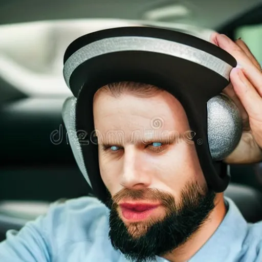 Prompt: man wearing car wheel on head as hat stock photo