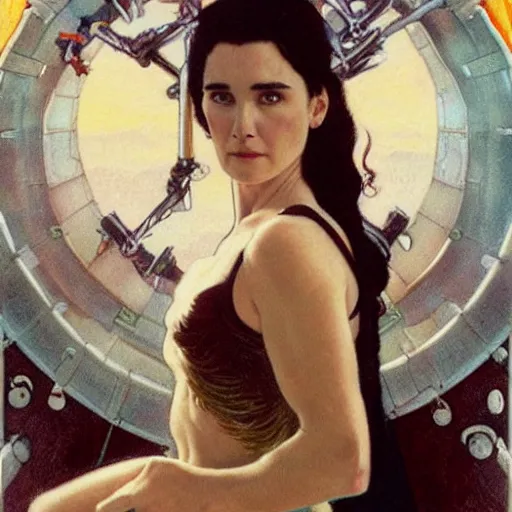 Image similar to jennifer connelly as dark swan queen, black feathers instead of hair, feathers growing out of skin, moulting, suspended in zero gravity, on spaceship with cables hanging down, highly detailed, mike mignogna, ron cobb, mucha, oil painting