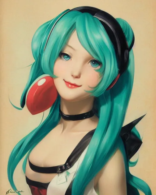 Image similar to Hatsune Miku by Gil Elvgren and Daniela Uhlig