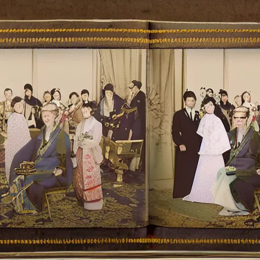 Prompt: a wide full shot, colored russian and japanese mix historical fantasy of a photograph taken of a royal wedding opening remarks, photorealistic, warm lighting, 1 9 0 7 photo from the official wedding photographer for the royal wedding.