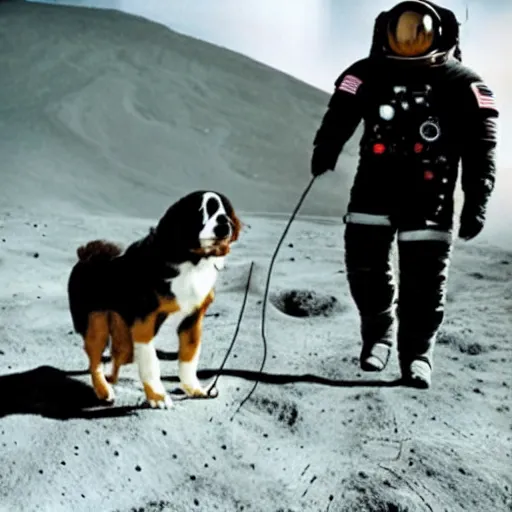 Prompt: an astronaut walking a Bernese Mountain Dog puppy on the moon